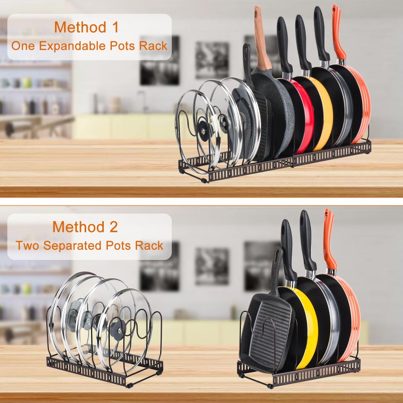 Toplife Pots and Pans Organizer Rack for Cabinet and Countertop, 10+ Pot Lids, Bakeware and Cookware Organizer Rack Holder with 10 Adjustable Compartments - Brown - Image 4